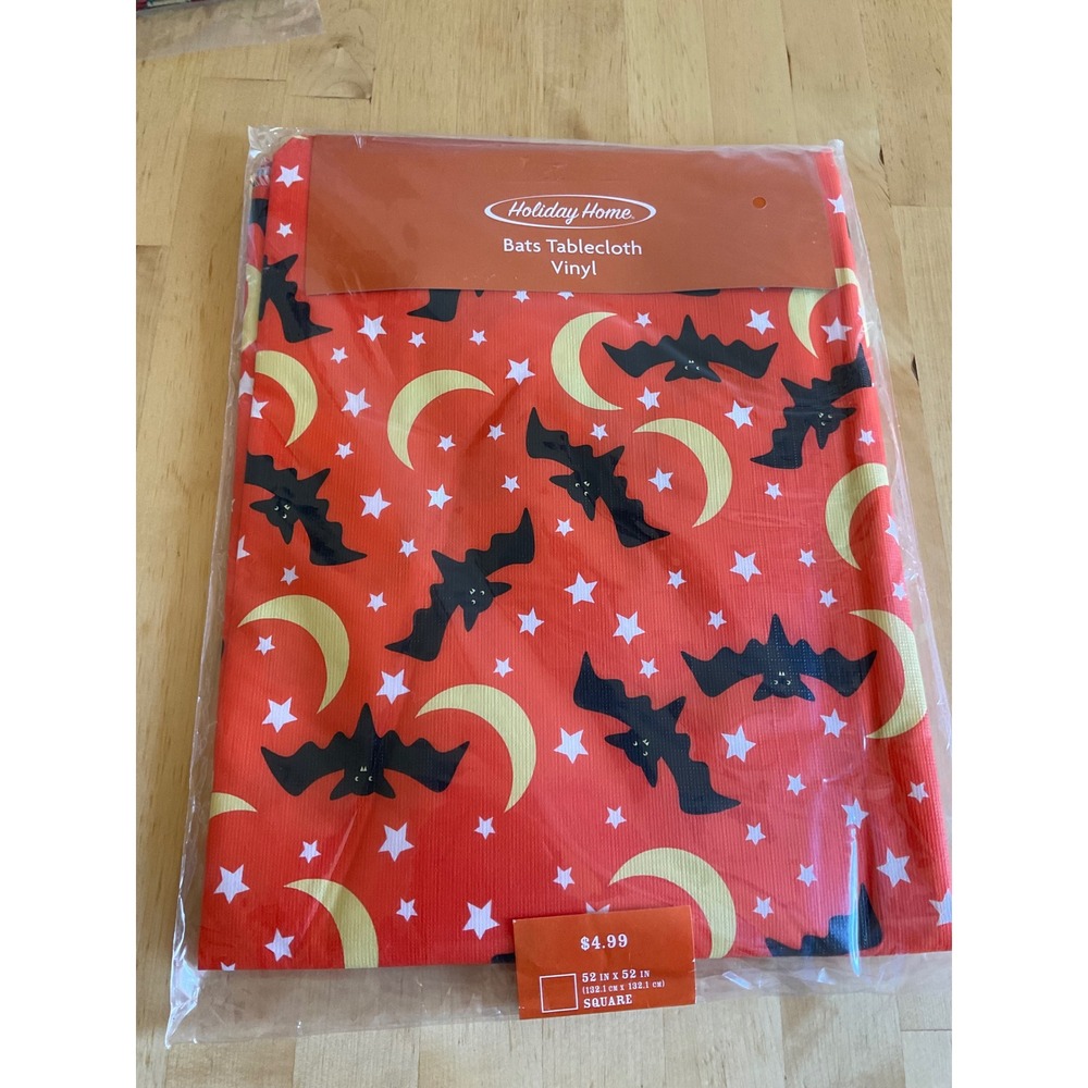 Holiday Home Halloween Bats Vinyl Tablecloth Orange Moon Star Square 52x52 NEW